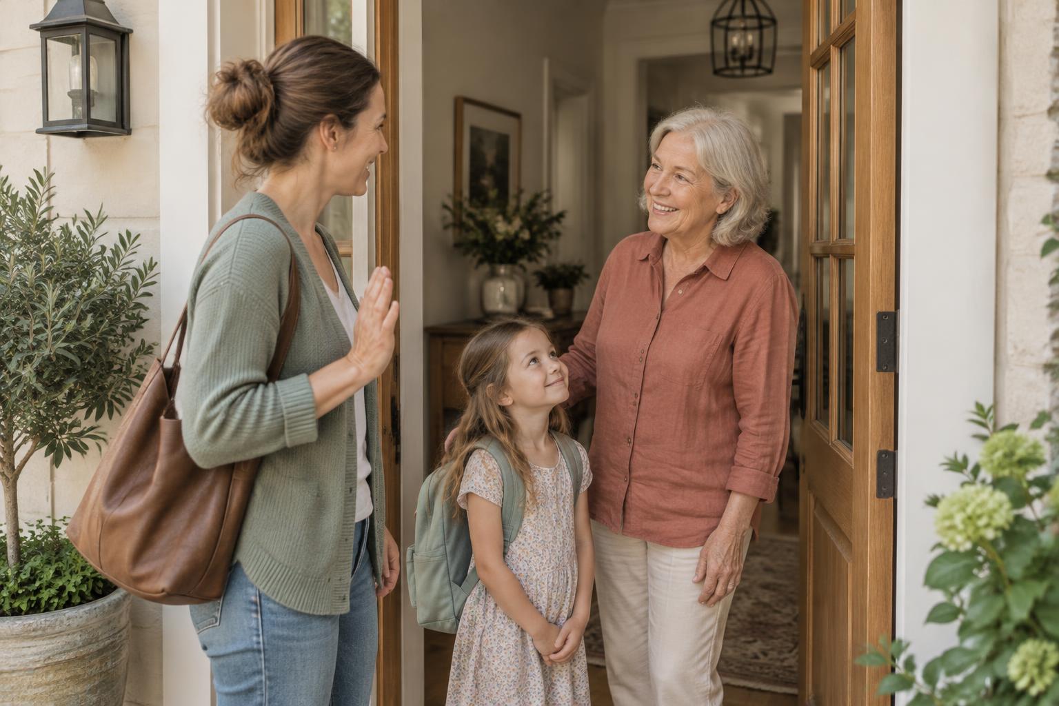 A parent says goodbye at the door while her child stays with a smiling grandma.