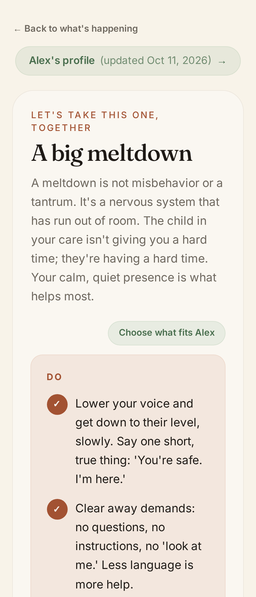 The A big meltdown guide page, with a short opening note and a Do list of calm next steps.