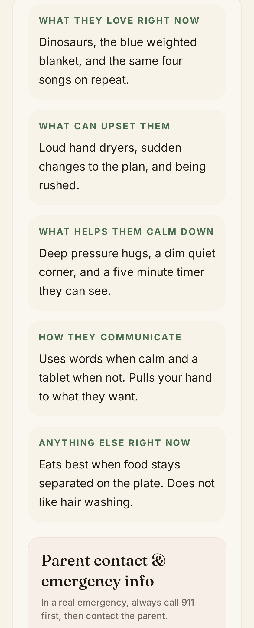 A child's profile showing what they love right now, what can upset them, and what helps them calm down.